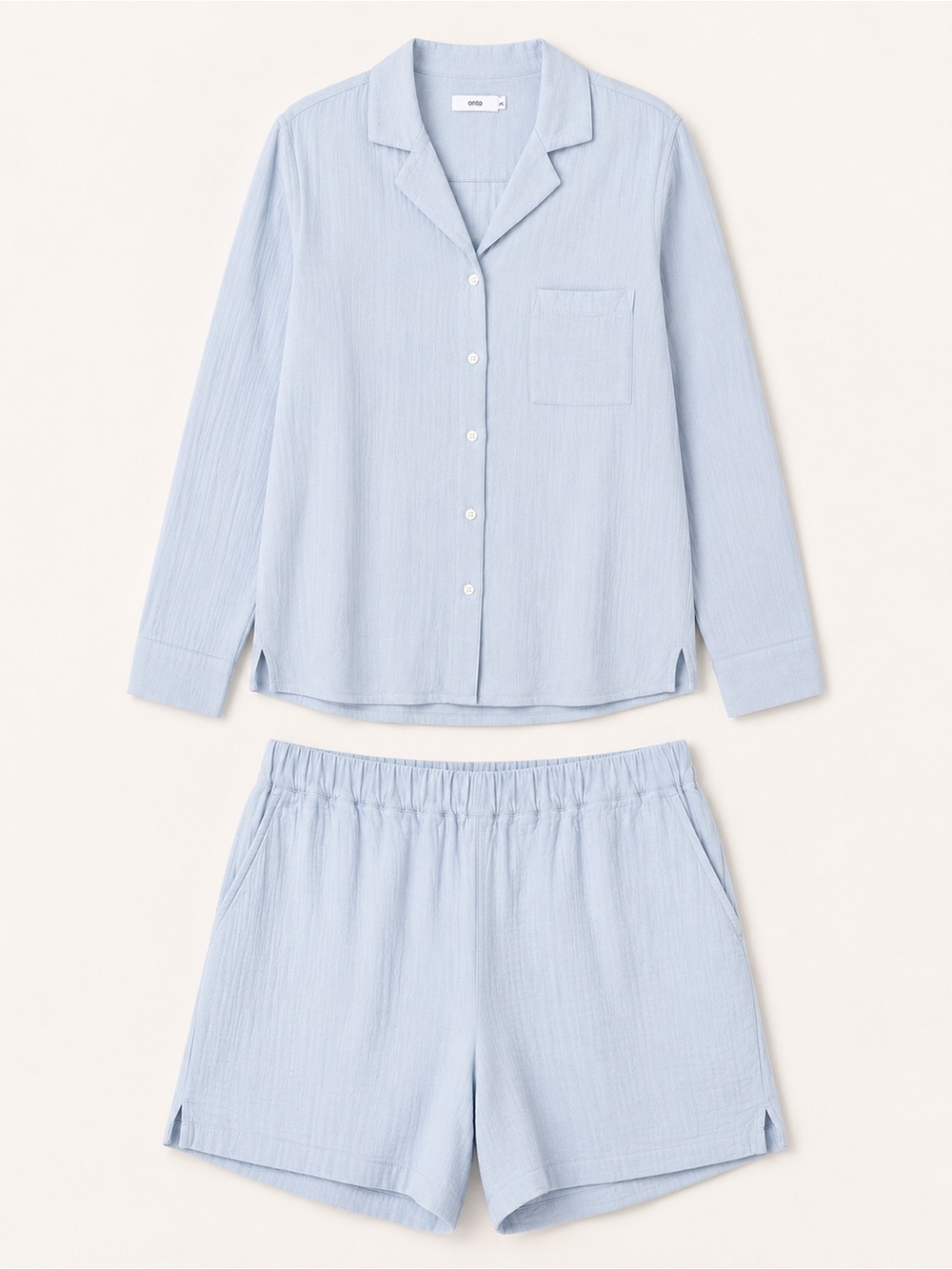 Onia Cotton Long Sleeve Button Down Shorts Pajama Matching Set Light Blue